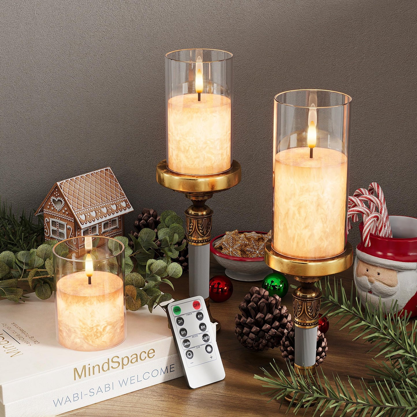 VIODAIM Ice Crystal Real Wax Glass Flameless Candles with Remote & Timer, Battery Operated Candles with Warm Flickering Flame, Realistic LED Candle for Wedding Home Decor [D3×H4/5"/6"] Clear, 3Pack