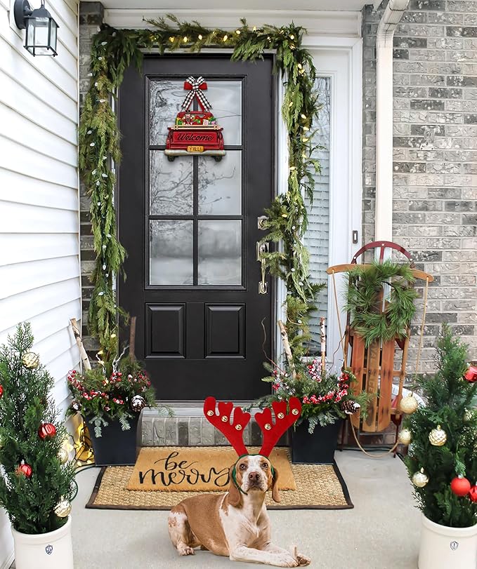 Interchangeable Welcome Sign for Front Door Red Farmhouse Truck Decor Hanging Sign with 11 Interchangeable Seasonal and Holiday Decor Signs 12x14 in. (Country Rustic)