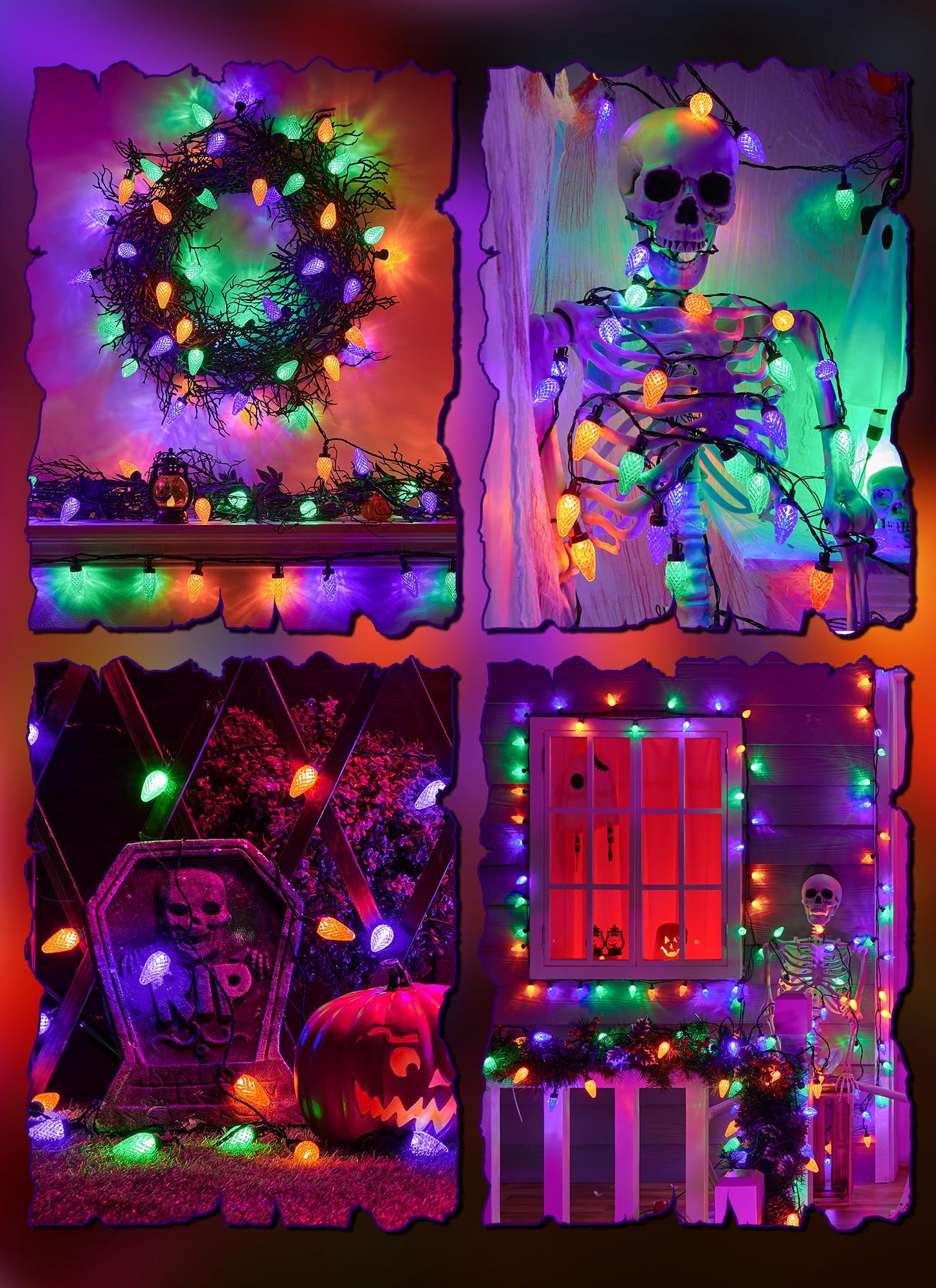 Brightown Halloween C9 LED String Lights, 114FT 150 LED Orange Purple and Green Halloween Lights with Timer & 8 Modes, Plug-in Waterproof Outdoor Lighting for House Patio Yard Porch Roof