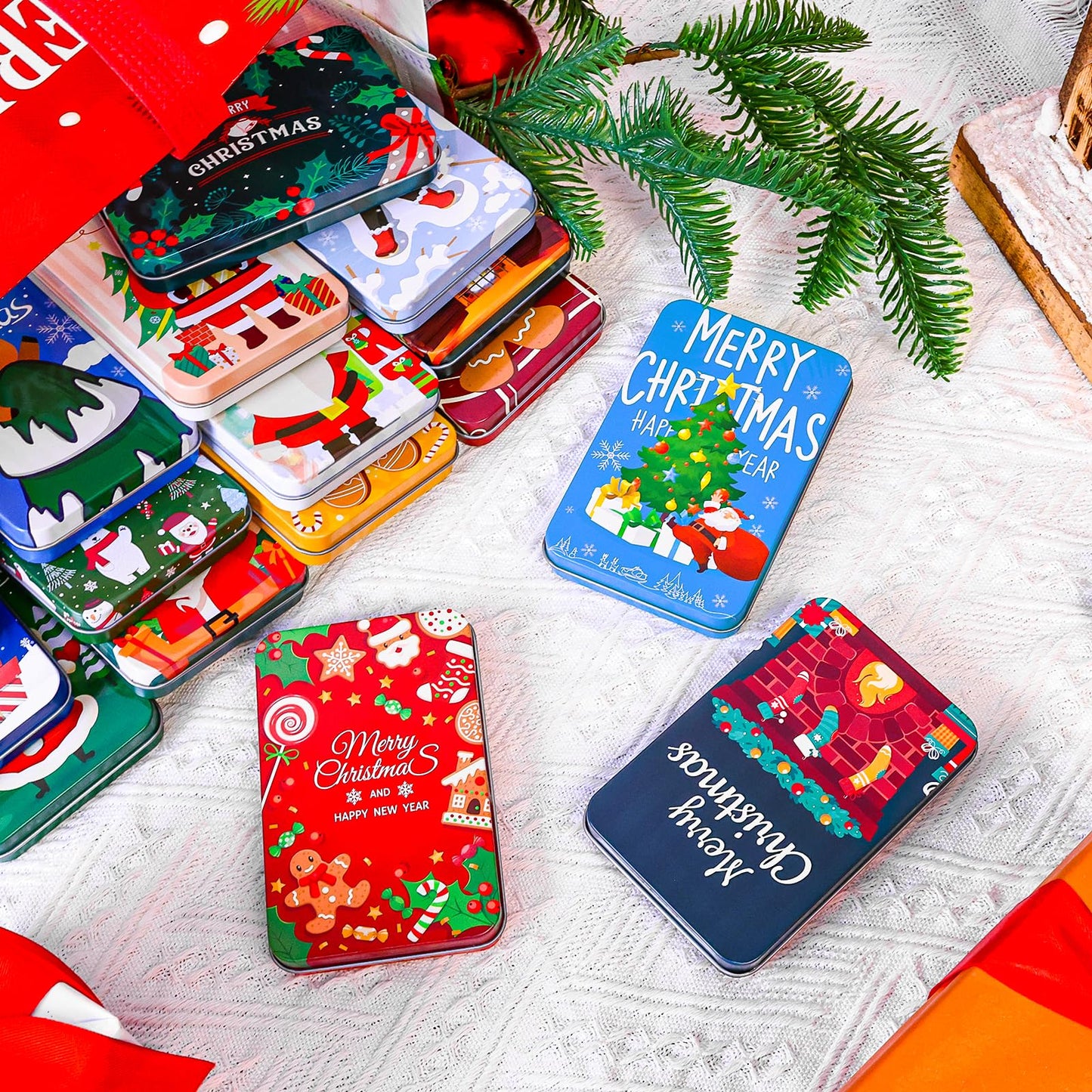 MGparty 24 PCS Christmas Gift Card Tin Boxes with Lids, Small Metal Holiday Gift Card Holders for Candy Cash Jewelry, Bulk Xmas Stocking Stuffers & Christmas Party Favor Gift Set