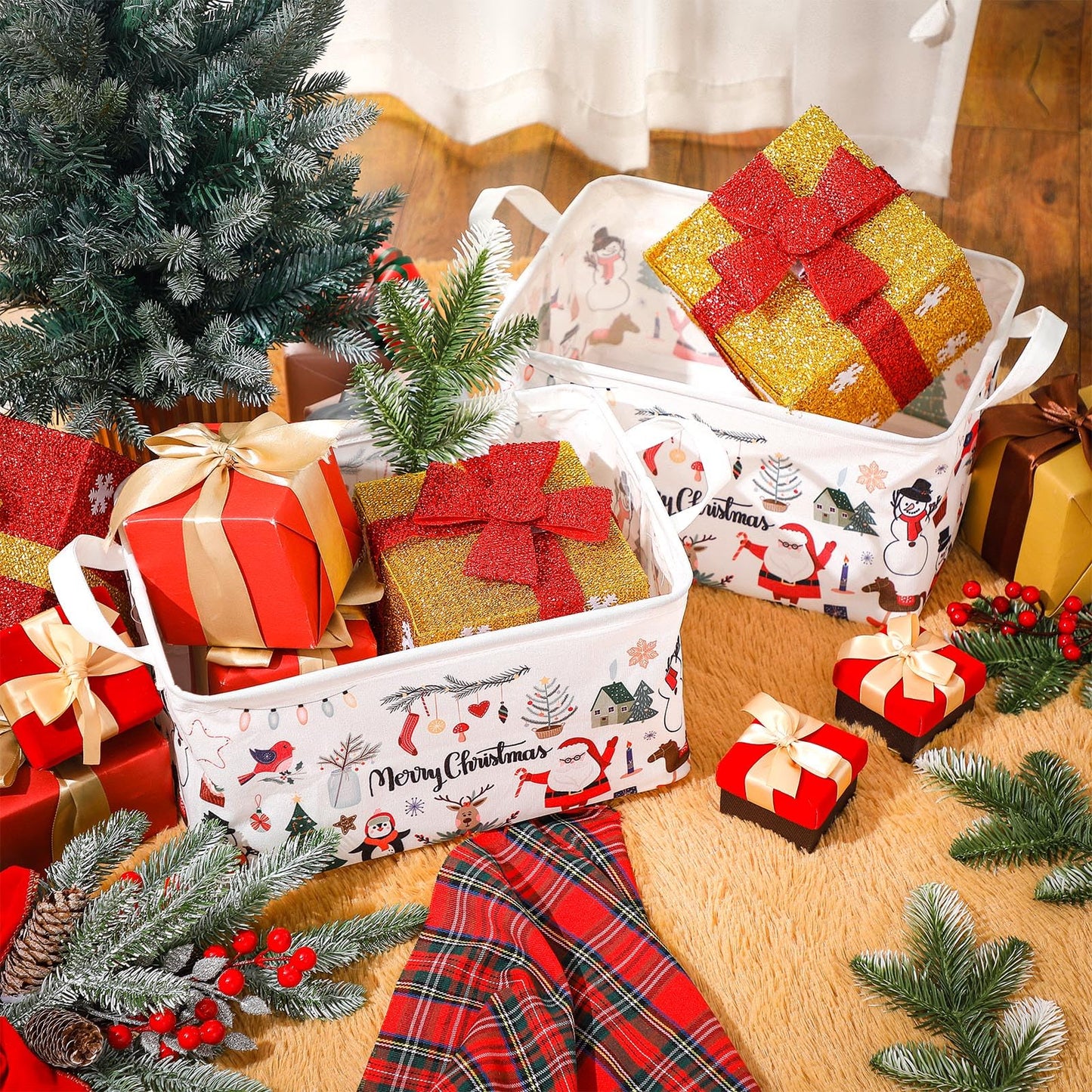 Maxcheck 6 Pcs Large Christmas Basket for Gifts Empty Foldable Xmas Gift Basket Rectangle Christmas Santa Present Storage Bin Fabric Cubes Containers Boxes with Handles for Present Cloth Toy