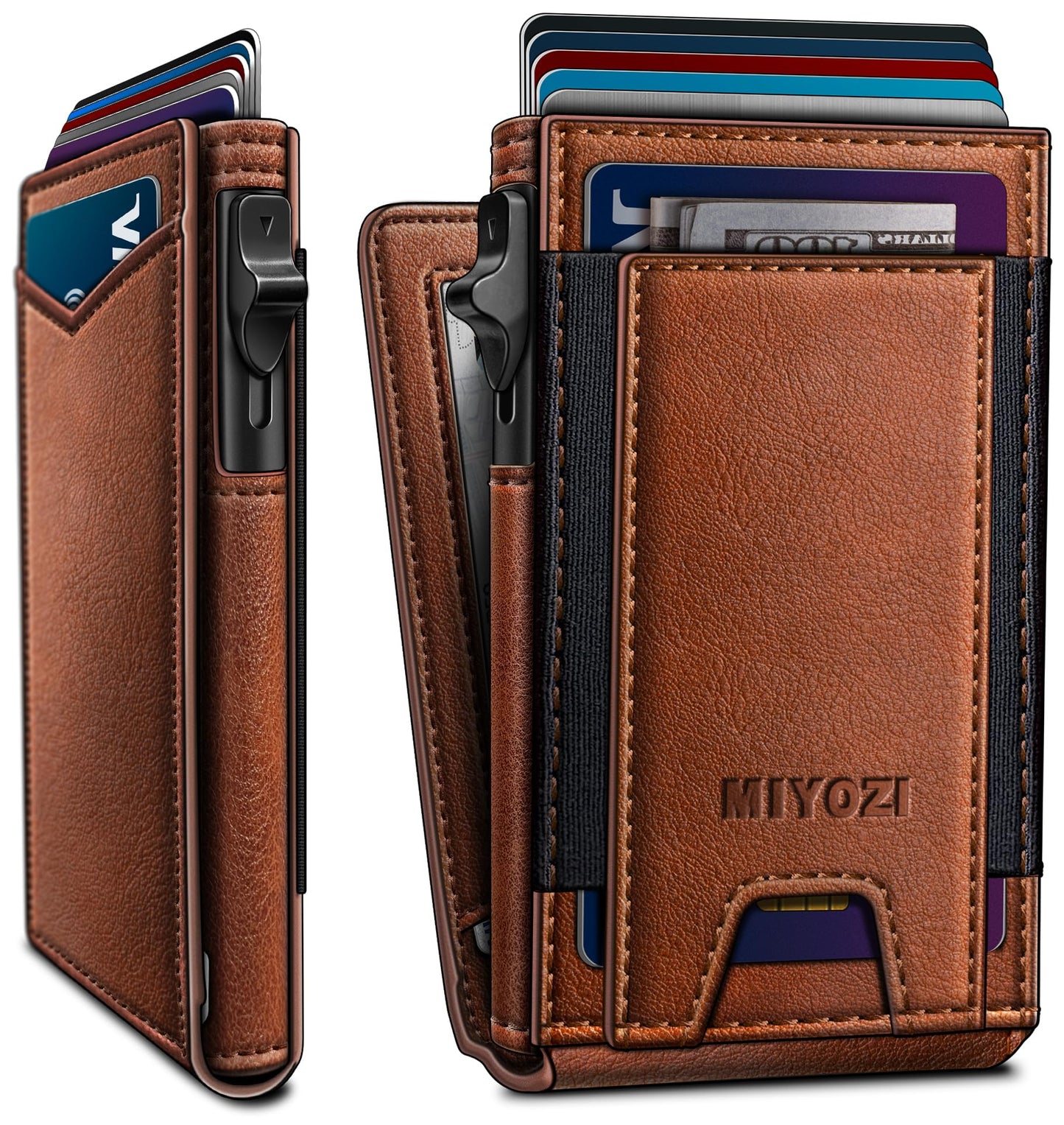 miyozi Wallet for Men, Slim Pop Up Card Holder - RFID Blocking Minimalist Bifold Wallet with ID Window, Holds 9-11 Cards & Stretchable Strap, Metal Flip Case with Magnetic Closure, Gift Box