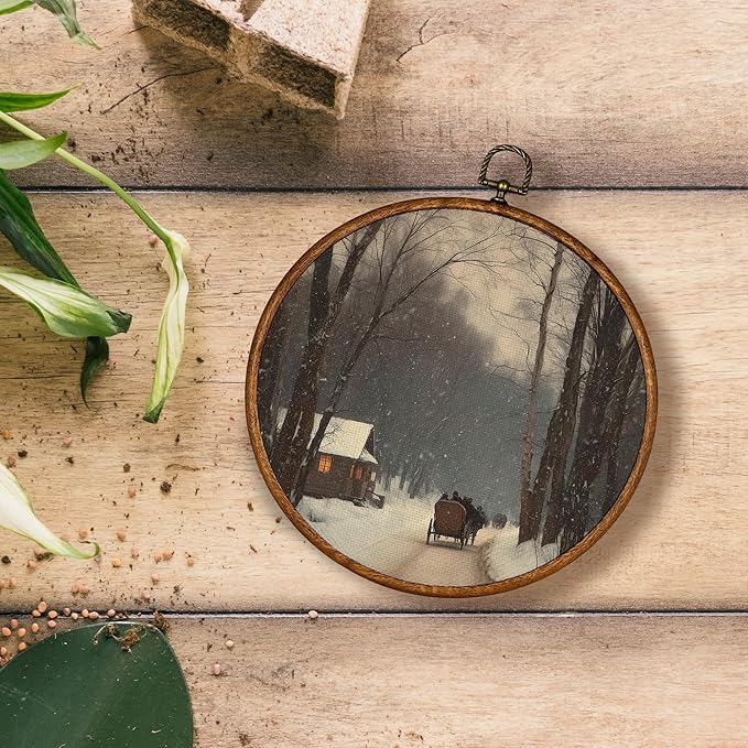 KSDUT Vintage Winter Wall Decor Art - Snowy House Wall Art Canvas Frame Hanging Prints, Retro Xmas Forest Woodland Wild Animal Round Wall Art Decor for Home Farmhouse Decorations 10"x10"