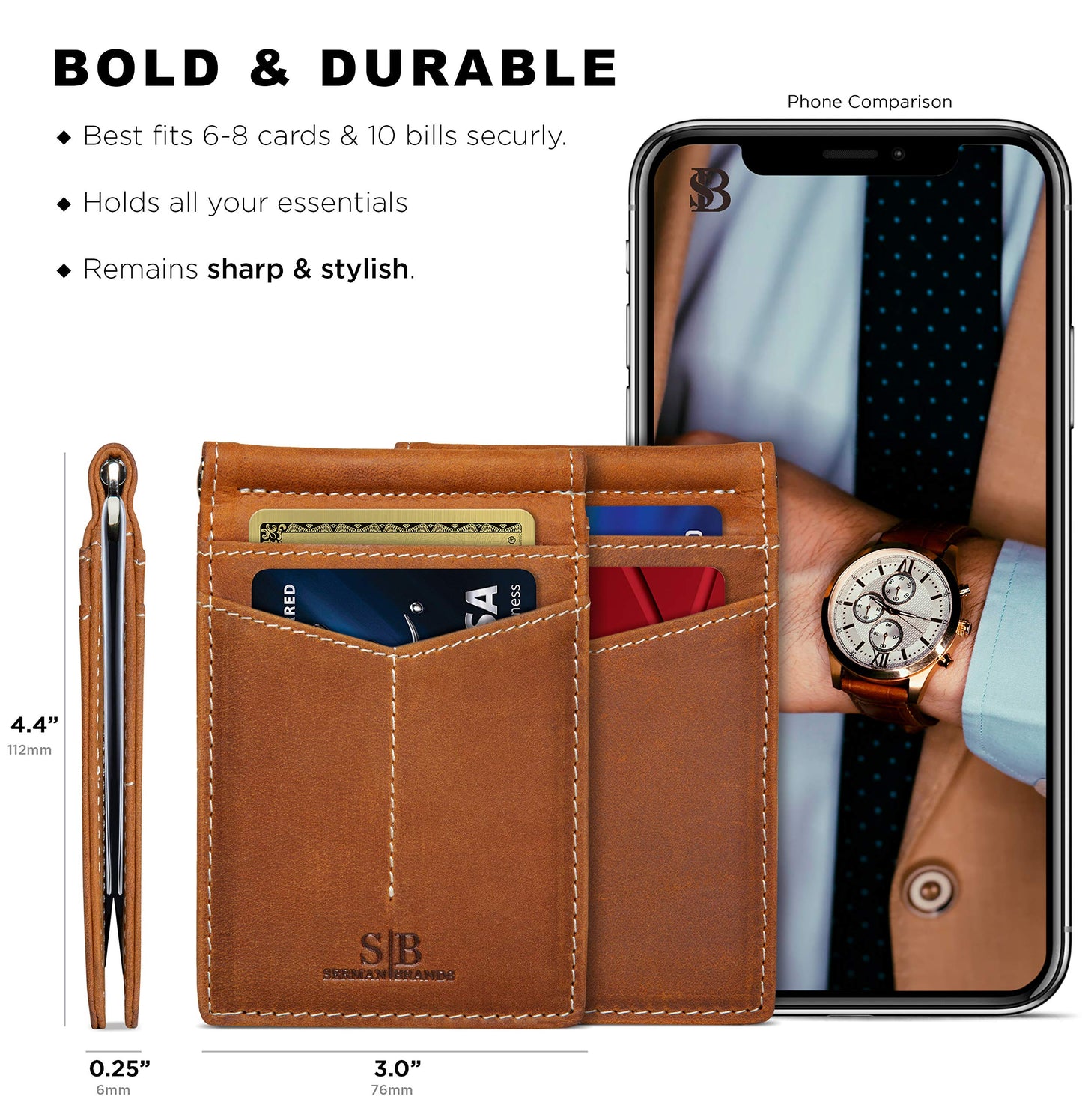 SERMAN BRANDS RFID Blocking Wallet Slim Bifold - Genuine Leather Minimalist Front Pocket Wallets for Men with Money Clip Gift (California Desert)