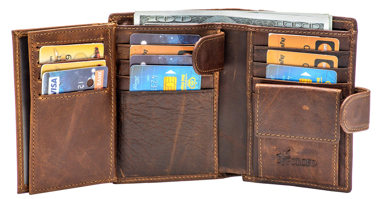 POKOFO Large RFID Genuine Leather Card Holder Trifold Wallet Snap Closure 3 ID Windows for men (Coffee)