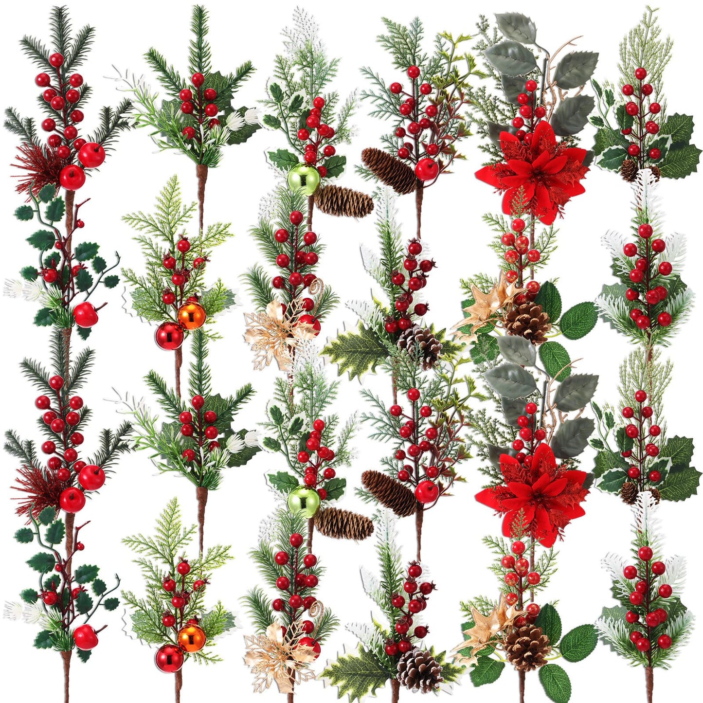Suncalla 24 Pcs Artificial Christmas Picks 11"-14" Assorted Red Berry Picks Stems Christmas Tree Branches Decorations with Pinecones, Poinsettia Holly Leaves for Trees Wreath Garland Craft Decor