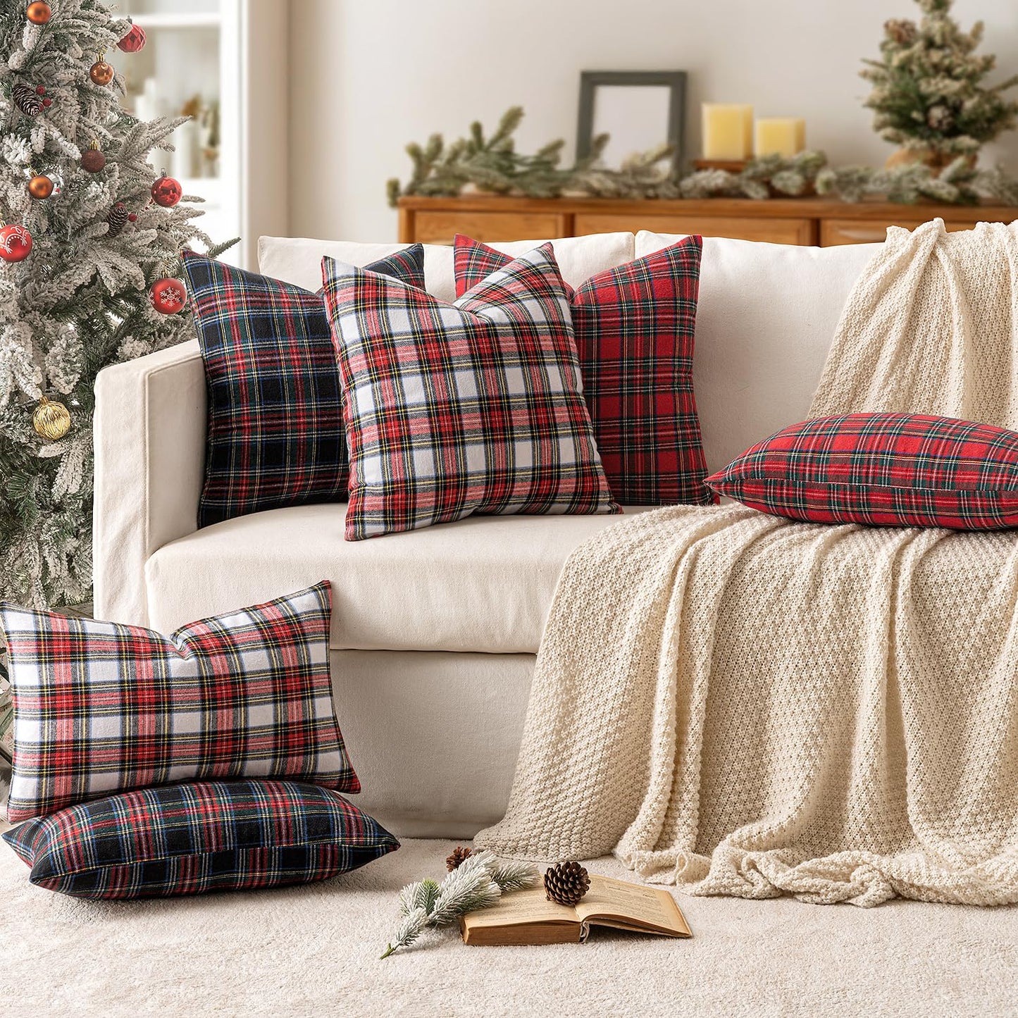 MIULEE Christmas Set of 2 Scottish Tartan Plaid Lumbar Throw Pillow Covers Farmhouse Classic Decorative Outdoor Cushion Cases for Home Decor Sofa Couch 12x20 Inch, Red and White