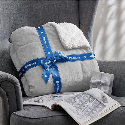 Bedsure GentleSoft Sherpa Fleece Throw Blanket Twin Size for Couch - Thick and Warm, Soft Fuzzy Plush Twin Blanket for Winter, Light Grey, 60x80 Inches