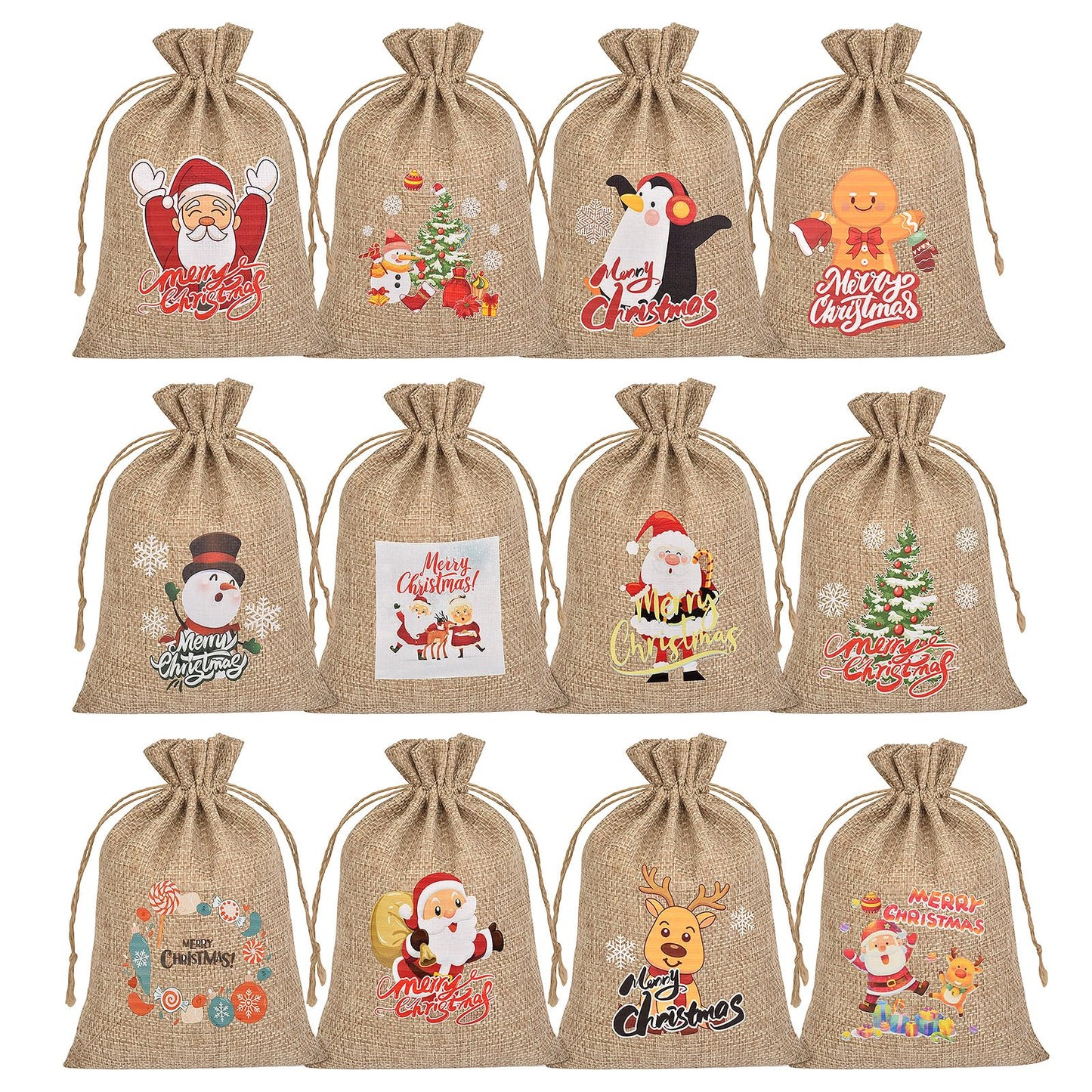 Christmas Small Burlap Bags with Drawstring, Burlap Gift Bags Christmas Linen Treat Sacks Gift Wrapping Bags Xmas Holiday Party Favors Bags(7x5 inch, 24 Pcs)
