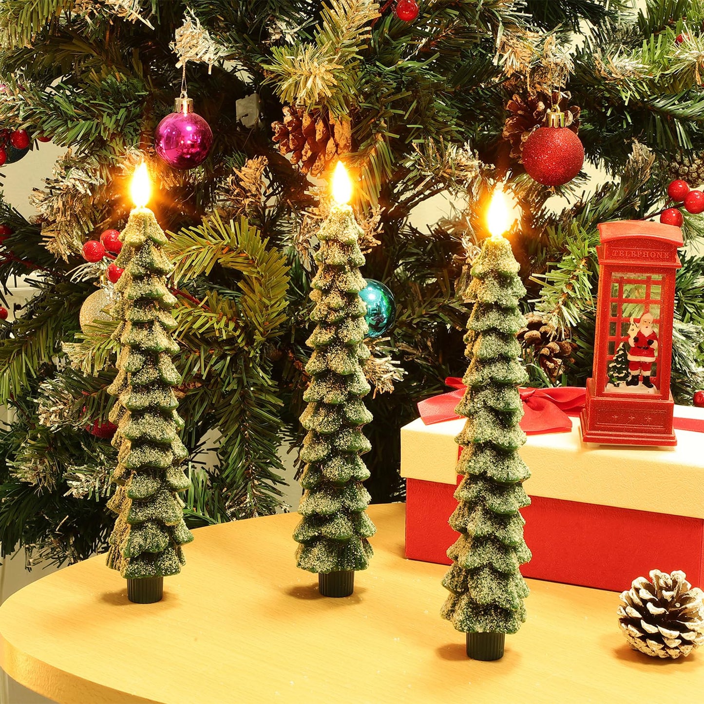 KDVOG 3 Pack Frosted Christmas Tree Candles with Remote, 9.7 Inch Real Wax flameless Taper Candles, LED Green Candlesticks with 3D Flickering Flame for Xmas New Year Home Decor Gifts