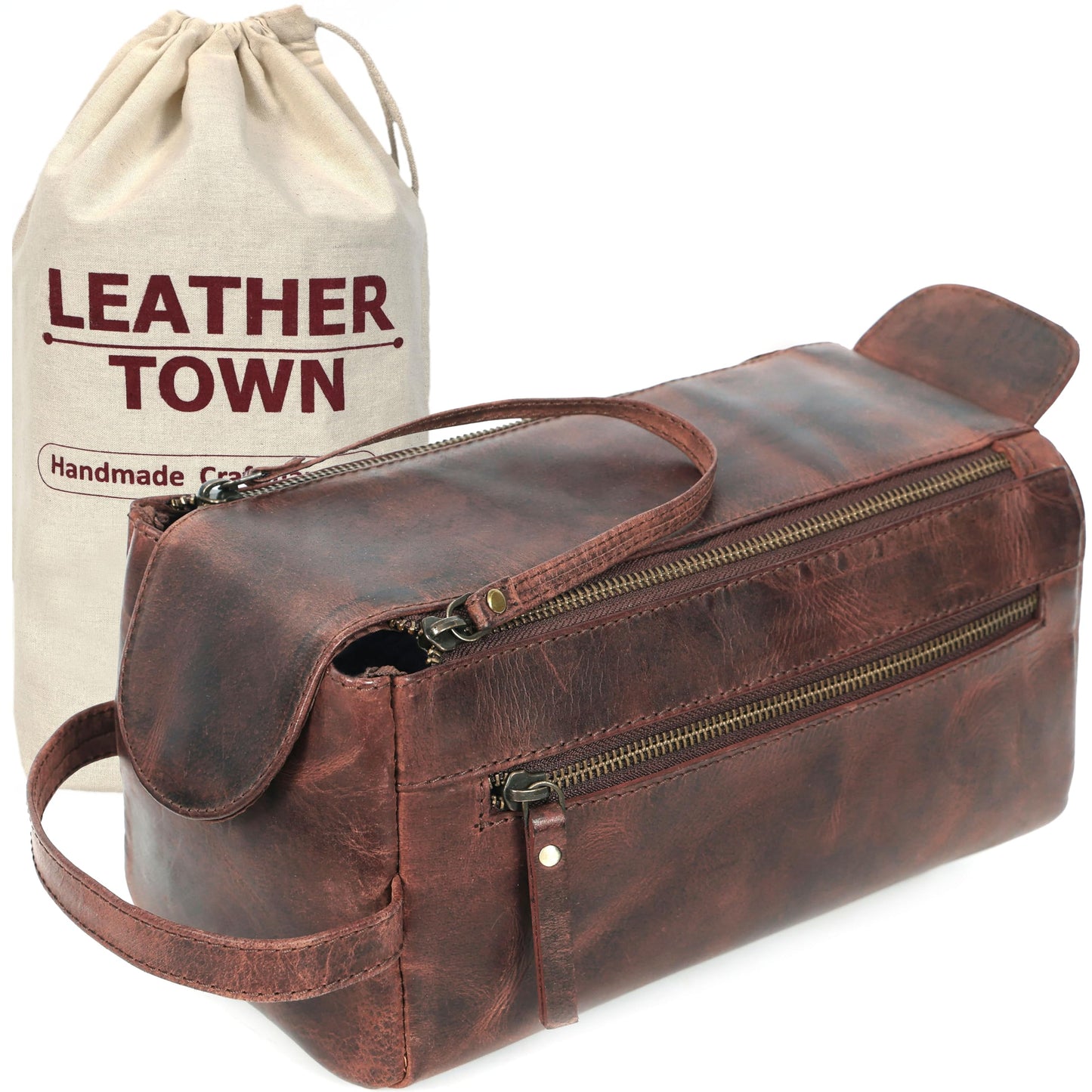 Leather Toiletry Bag for Men, Travel Duffels Essentials Shaving Dopp Kit, Mens Travel Bag Toiletries Organizer Case for Grooming, Made from 100% Real Leather (Dark Brown)