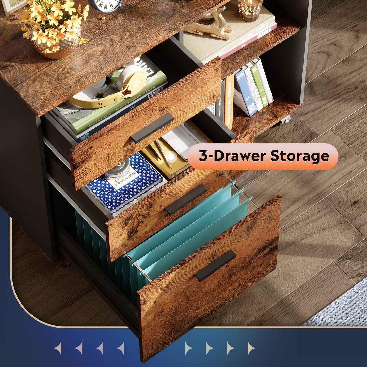 DEVAISE 3 Drawer Mobile File Cabinet, Wood Lateral Filing Cabinet, Printer Stand with Open Shelves for Home Office, Rustic Brown