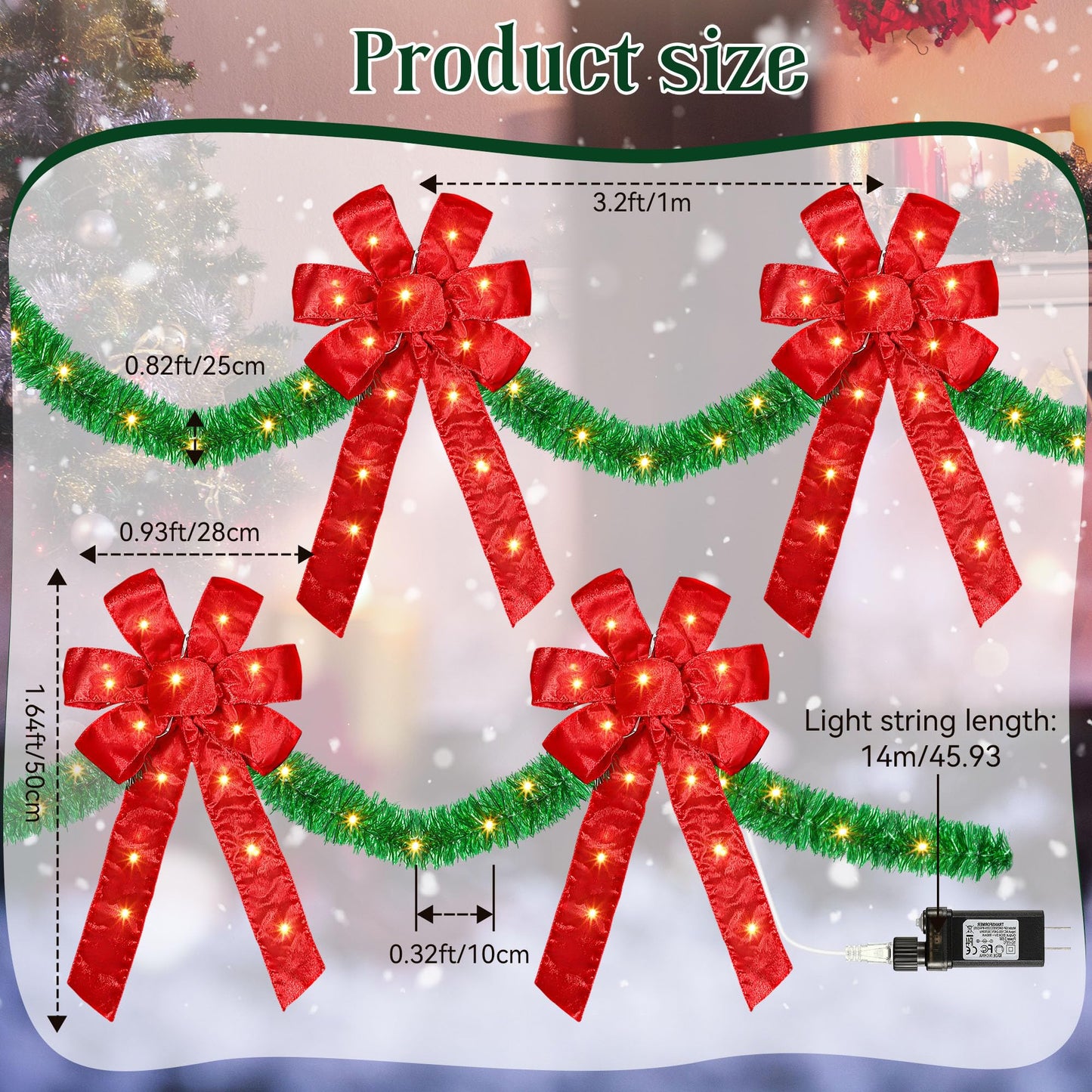 13 FT Christmas Bows Fence Decoration, 140LED Lighted Large Christmas Bows Decoration with 8 Mode and Timing Ornament for Party Front Door Fireplace (Red,Artificial Garland)