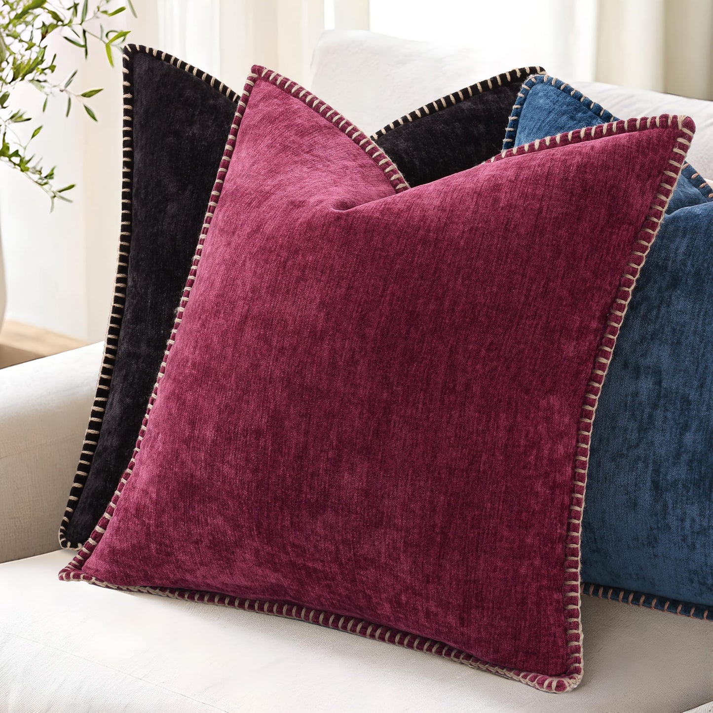 decorUhome Fall Chenille Soft Cozy Throw Pillow Covers 20x20 Set of 2, Modern Farmhouse Boho Velvet Decorative Pillow Cases with Stitched Edge for Couch Sofa Bed Home Decor, Rhododendron