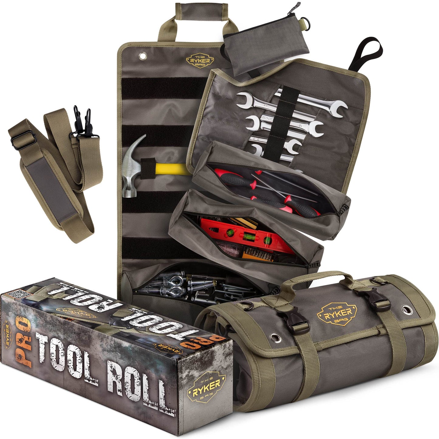 The Ryker Official PRO Tool BAG Organizer Heavy Duty Foldable Storage Bag with Detachable Pouches, Wrench Holder, Rugged Canvas for Mechanics, Electricians, Motorcycle Use, Practical Gift for Dads