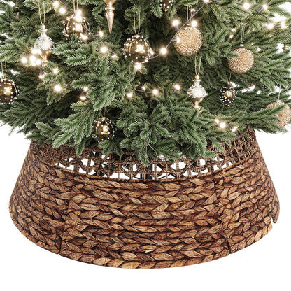 ELYKEN 33 Inch Woven Rattan Christmas Tree Collar, Stylish Seagrass & Water Hyacinth Xmas Tree Skirt for Artificial Trees, Wicker Tree Base Cover with Cord Cut-Out Farmhouse Tree Ring for Home Decor