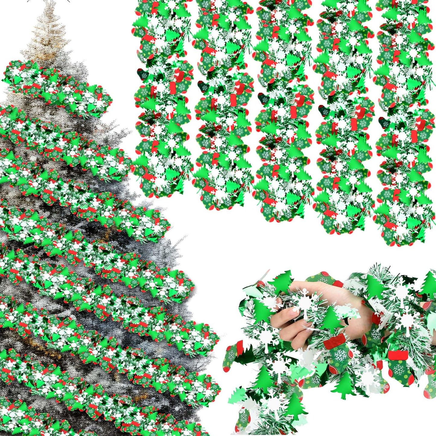 XunYee 98 ft Christmas Tree Snowflakes Tinsel Garland Decorations Red Green Metallic Twist Garland Holiday Shiny Wire Ornament for Xmas Festival Home Mantle Fireplace Indoor Outdoor Party Decor