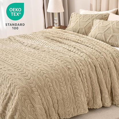 PHF Fluffy Sherpa Blanket Queen Size for Winter, Warm and Soft, 510GSM 3D Jacquard Thick Shaggy Fleece Plush Blanket for Sofa Bed, Khaki, 90"x90"