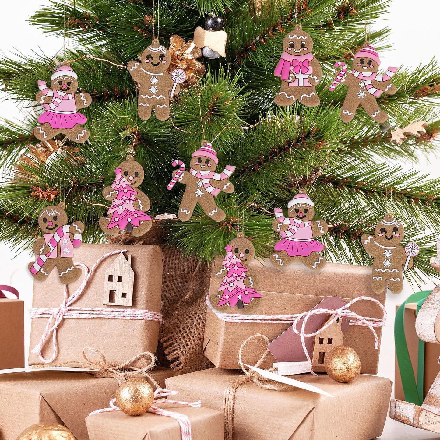 JarThenaAMCS 18Pcs Christmas Hanging Ornament Pink Gingerbread Candy Cane Pendant Charm Cute Tree Wall Hanging Decoration for Xmas Winter Party Supplies