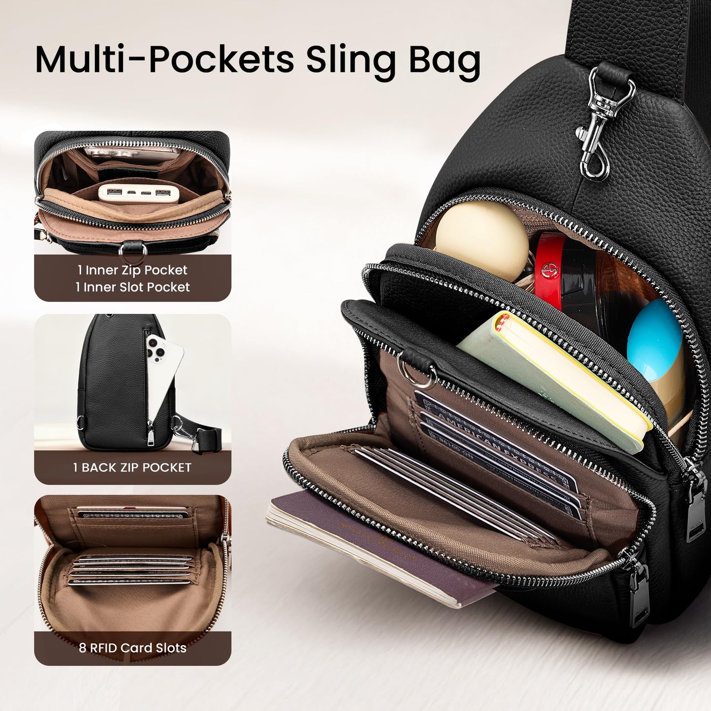 befen Black Genuine Leather Small Sling Bag for Women Anti-Theft Crossbody Chest Bags Multi-Pockets Fanny Pack with RFID Card Slots for Travel