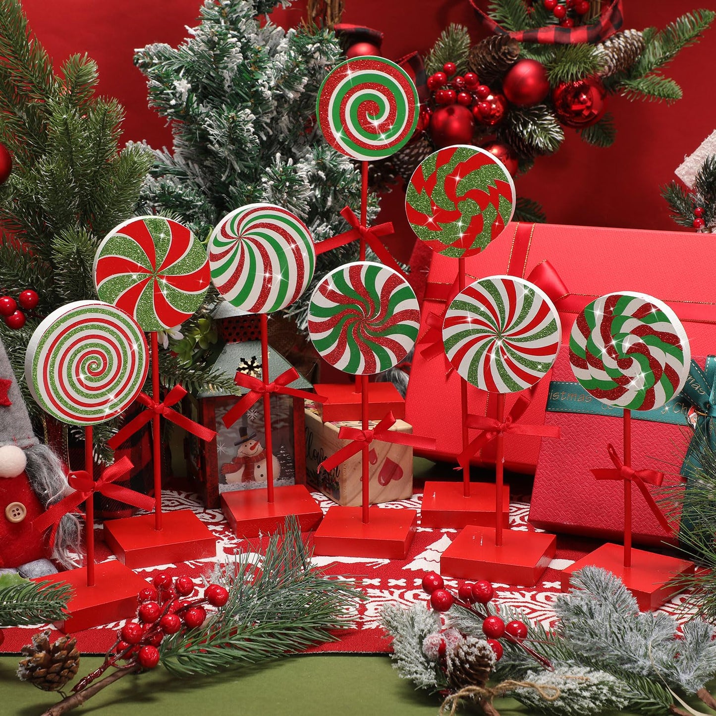 Amyhill 8 Pcs Christmas Candy Wooden Tabletop Decor Glitter Xmas Candy Cane Table Centerpiece Sign for Christmas Tiered Tray Home Desk Office Party Decoration(Exquisite,Red,Green)