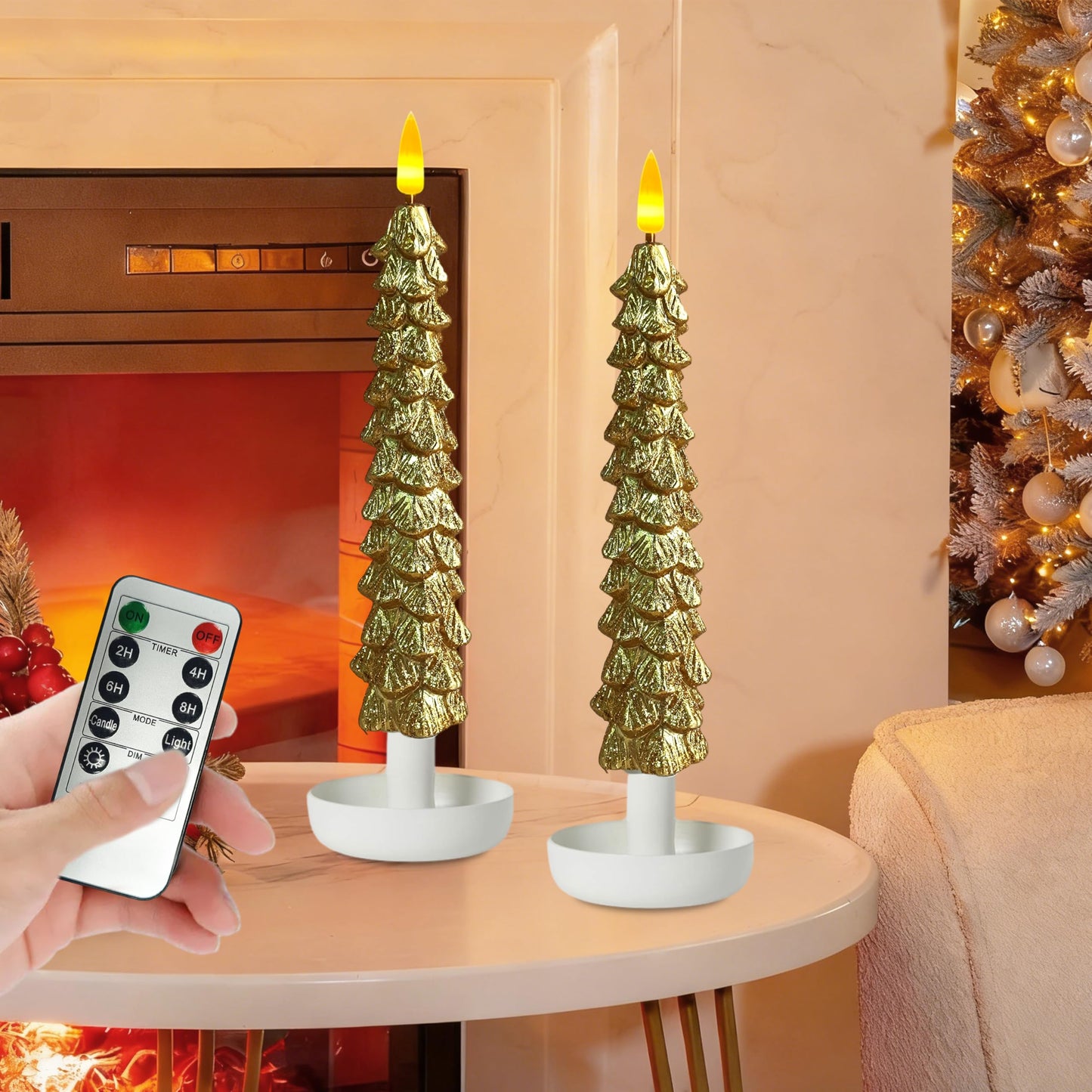 XINAOBAOLUO 10 in Gold Christmas Tree Flameless Candle Window Candles with Remote Timer Battery Operated Taper Candle LED Taper Candles Set of 2