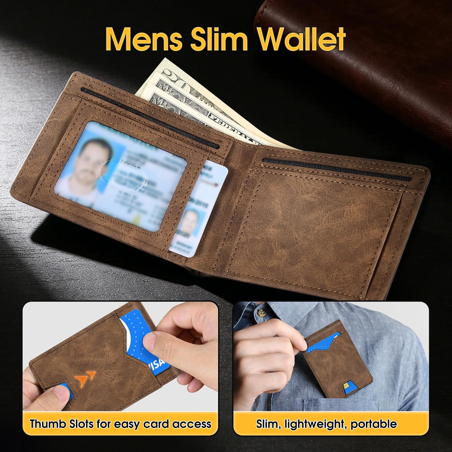 XZVXZV Man Slim Wallet Leather Money Clip RFID Blocking Front Pocket Minimalist Bifold Wallet Thin Credit Card Holder Coffee