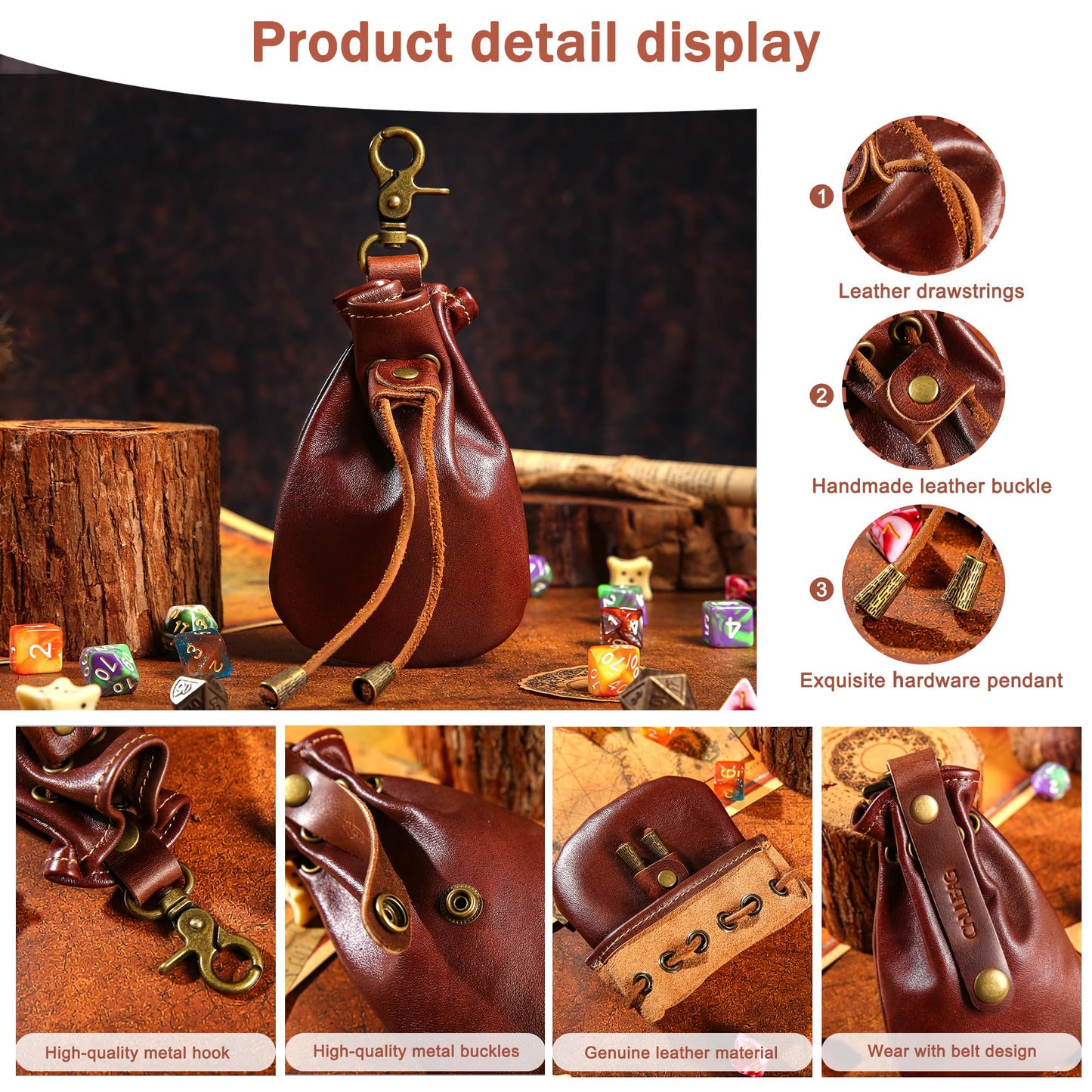 CHULEAG Vintage Medieval Drawstring Belt Pouch, FULL-GRAIN Leather, handmade, portable coin&dice purse with keychain. (small)