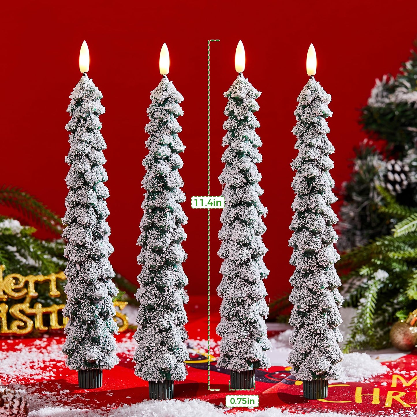 Velsyn 4 Pack Christmas Tree Candles Covered in Snow with Remote, 11 Inch Real Wax flameless Taper Candles, LED Candle Battery Operated with 3D Flickering Flame, Green Candlesticks Christmas Decor