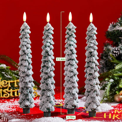 Velsyn 4 Pack Christmas Tree Candles Covered in Snow with Remote, 11 Inch Real Wax flameless Taper Candles, LED Candle Battery Operated with 3D Flickering Flame, Green Candlesticks Christmas Decor
