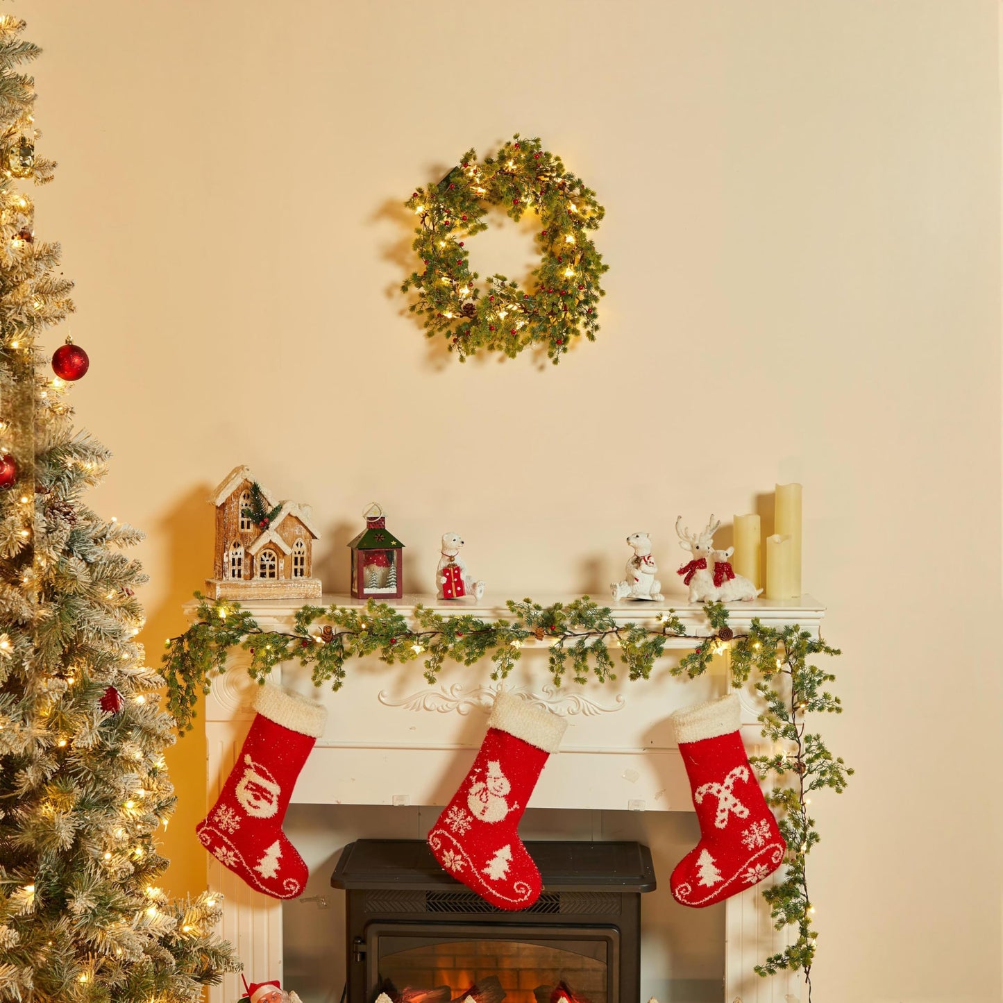 Brightown Christmas Garland with Lights, Battery Operated, 6 Ft 20 LED Lighted Pine Leaves Garland Decorated with Pine Cones, Berry, Indoor & Outdoor Christmas Lights for Mantle Stairs Wall, 2 Pack