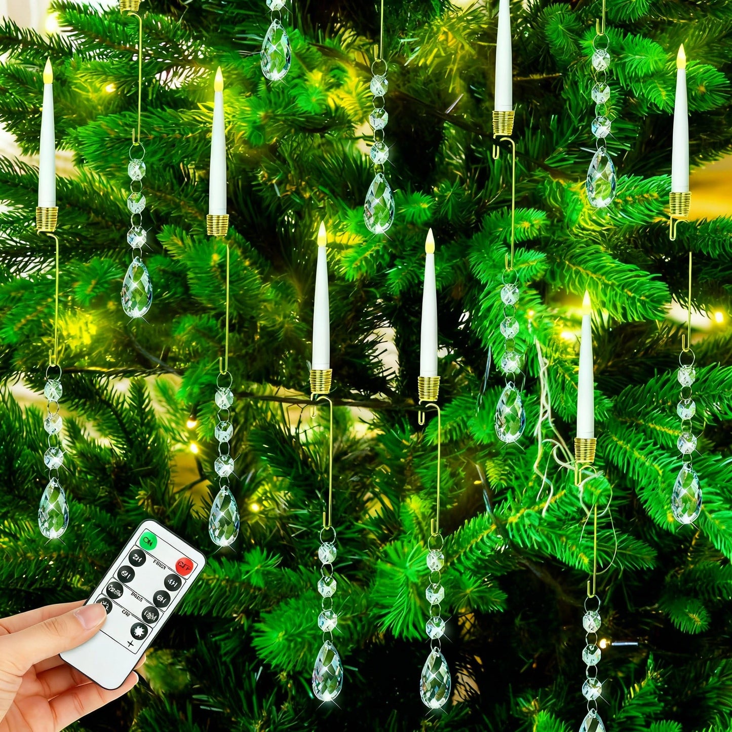 Thyle 12 Pack Christmas Tree Candles with Remote Timer Christmas Tree LED Candles with Crystal Xmas Crystal Drop Pendants Ornaments for Home Xmas Flickering Flameless Party Decor (Clear,Classic)
