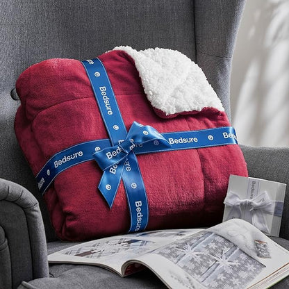 Bedsure GentleSoft Sherpa Fleece Blankets Queen Size for Bed - Thick and Warm Throw for Women, Soft Fuzzy Plush Queen Christmas Blanket for Winter, Red, 90x90 Inches