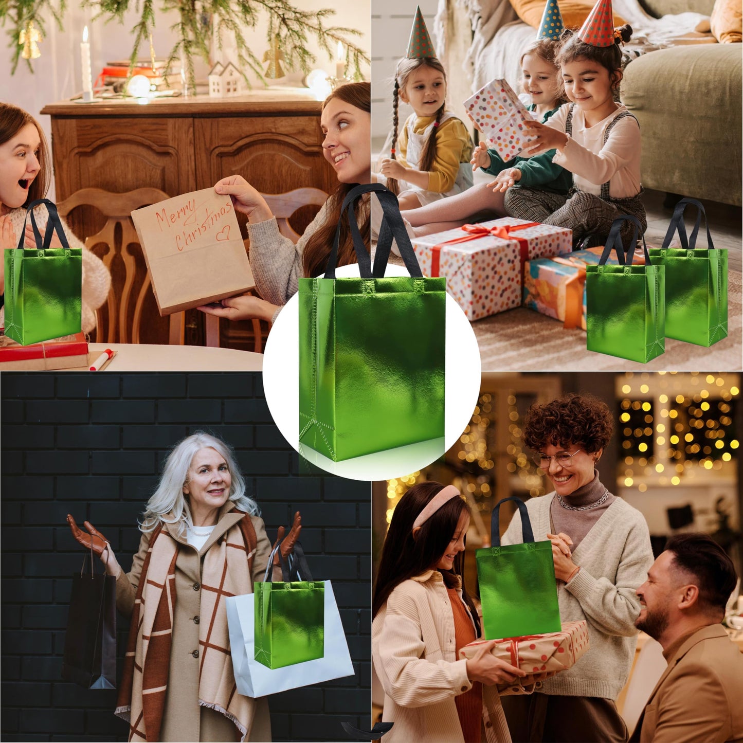 cabzymx Glossy Small Gift Bags 18 pcs, Light Green Non-woven Christmas Treat Bags, 7.9 x 3.9 x 9.8 In Reusable Goodie Bags Bulk with Sturdy Base for Birthday, Wedding, Easter, Thanksgiving, Holiday