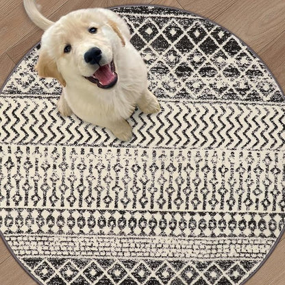 Boho Round Rug 5ft, Soft Non-Slip Distressed Circle Kitchen Mat Dining Room Rug, Washable Retro Living Room Area Rug Throw Carpet for Bedroom Kids Room Entryway