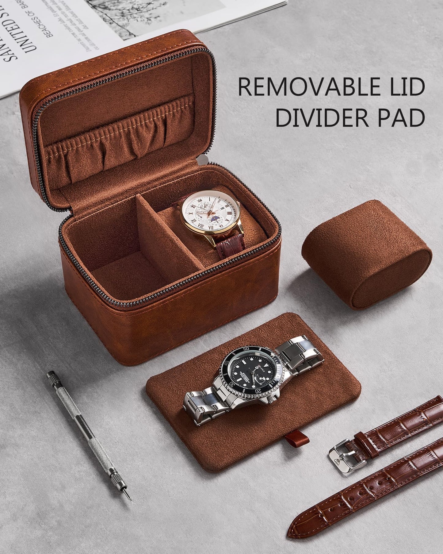 ProCase 2-Slot Watch Travel Case for Men, PU Leather Portable Watch Holder, Compact Small Carrying Storage Box for Luxury Watches & Smartwatches with Jewelry Compartment, Fathers Day Gift -Brown
