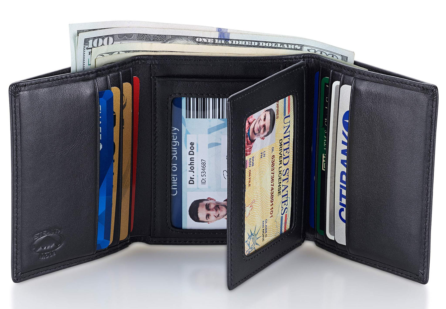 Stealth Mode Trifold Wallet for Men RFID Blocking – Genuine Napa Leather Extra Capacity Mens Wallet, 11 Card Slots, 3 ID Windows, Flip Out ID Holder, Large Tri Fold Leather Wallet for Men - Gift Ready