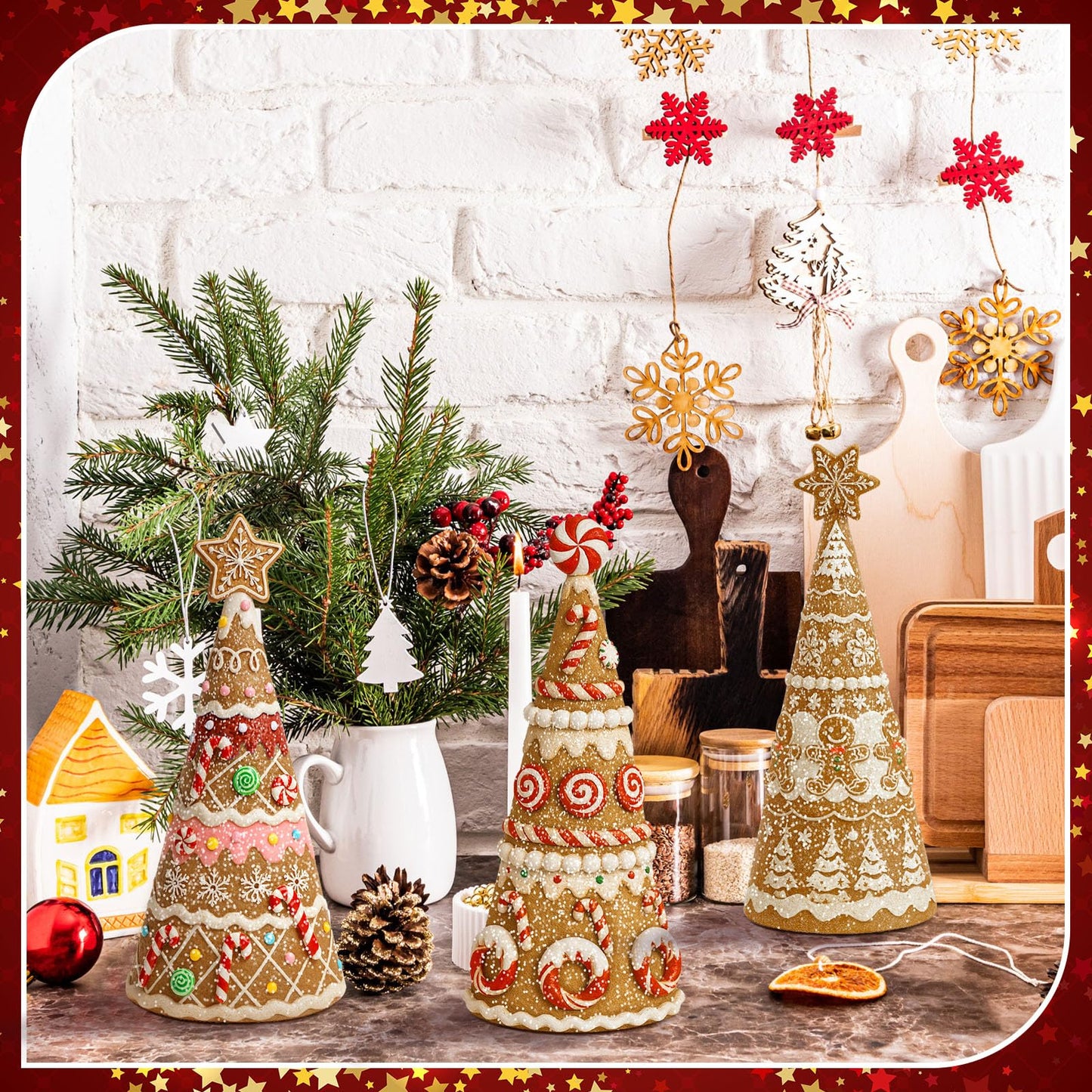 Simgoing 3 Pack Gingerbread Christmas Tree Figurines Christmas Tabletop Decorations Resin Gingerbread Cone Tree Decor Figurines for Xmas Home Centerpieces Tiered Tray Ornament Gifts