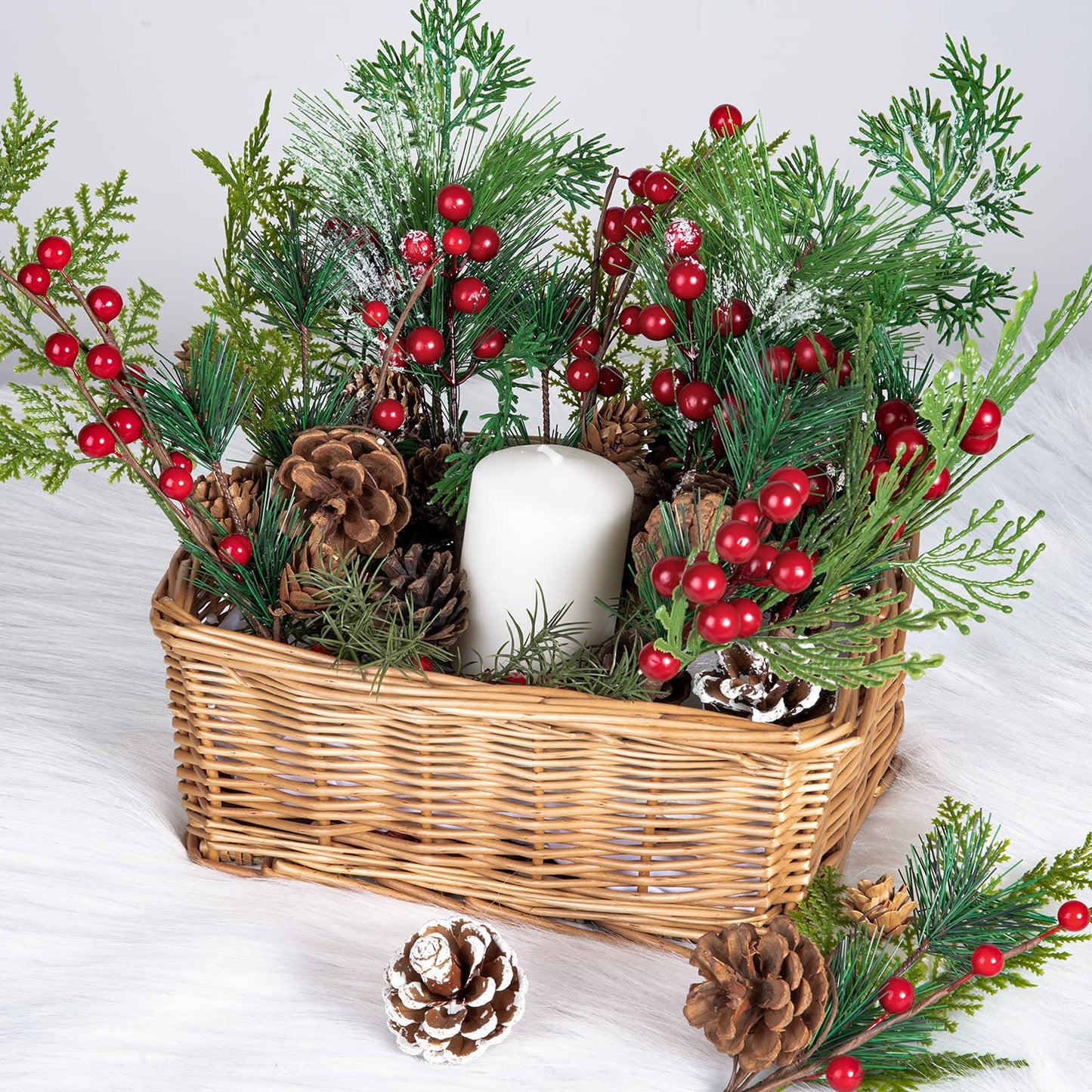 AnyDesign Artificial Christmas Picks Assorted Faux Pine Picks Red Berry Picks Stems Spray Twigs Evergreen Branches for DIY Holiday Art Gift Craft Garland Ornament Floral Arrangement Wreath (8 Pack)