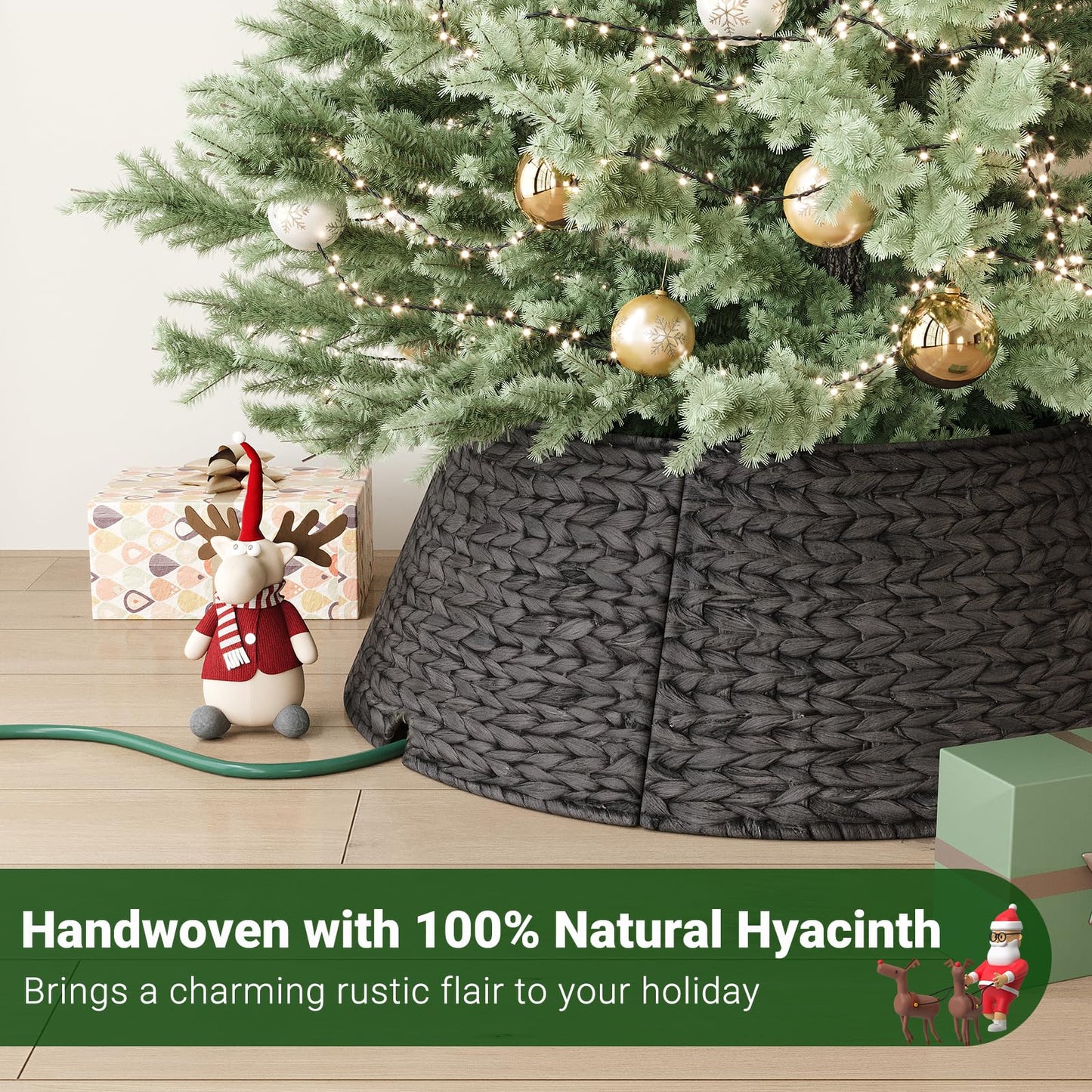 ELYKEN 28-Inch Woven Rattan Christmas Tree Collar, Stylish Hyacinth 5-Piece Tree Skirt for Artificial Trees, Wicker Tree Base Cover with Cord Cut-Out for Home Decor, Living Room Display, Black