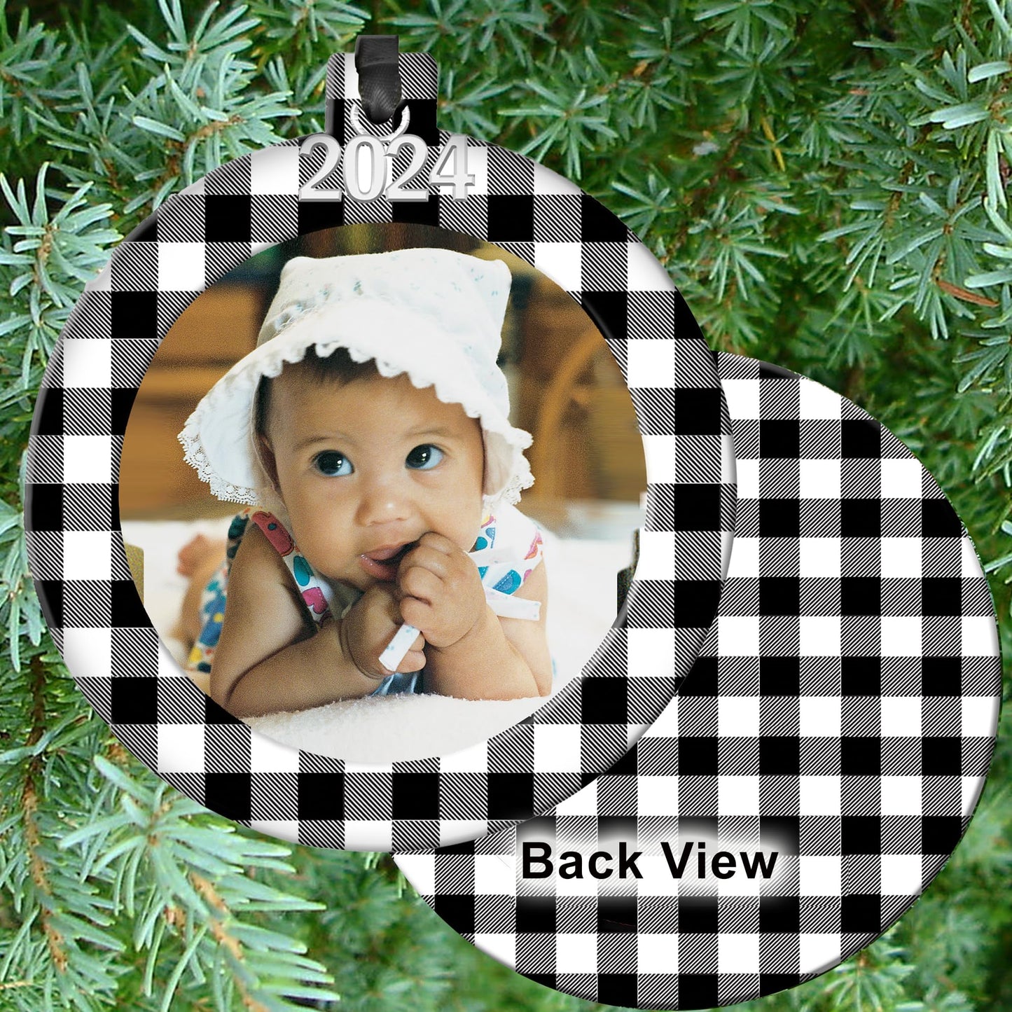 2024 Photo Ornaments for Christmas Tree, Classic Black and White Plaid Christmas Frame Ornament, Easy-Load Magnetic Design, with Satin Ribbon, Silver Charm Plus Photo Protector, Round, BW