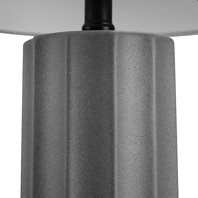 GLOBE Electric 61000061 20" Ribbed Ceramic Table Lamp, Dark Gray Concrete Finish, White Linen Shade, On/Off Rotary Switch on Socket, for Living Room, Bedroom, Office, Home Décor