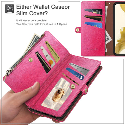 XcaseBar Compatible with iPhone 16 Pro 6.3" Wallet case with Zipper Credit Card Holder【RFID Blocking】,Flip Folio Book PU Leather Phone case Shockproof Cover Men Women for Apple 16 Pro case Rose Red