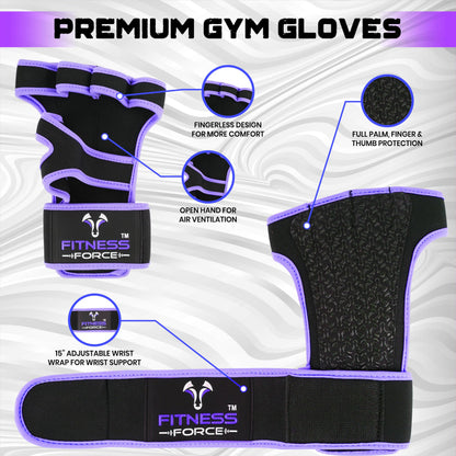 FITNESS FORCE Ventilated Weightlifting Gloves Workout Gloves for Men & Women with Built-in Wrist Wraps Fingerless Gym Gloves for Men Perfect for Exercise Fitness, Weight Lifting, Cross Training