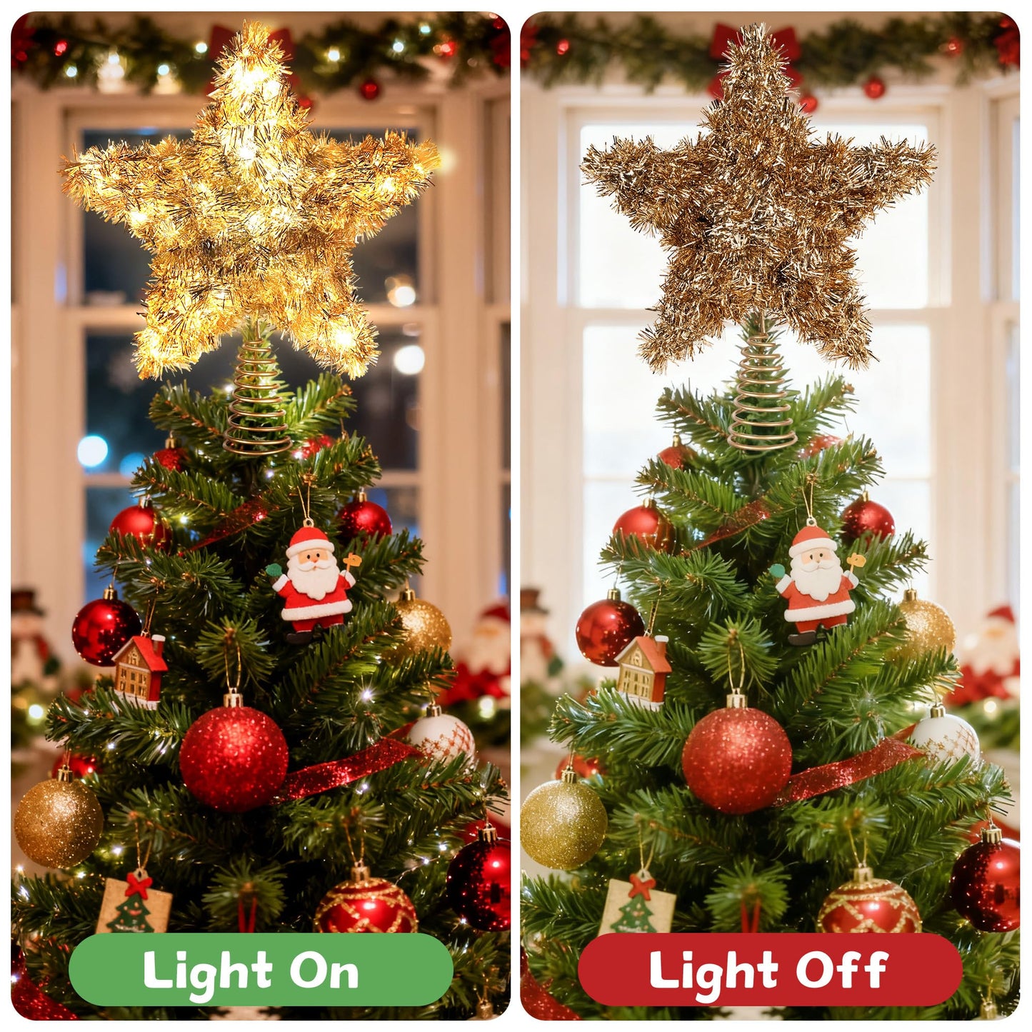 Joytry Christmas Tree Topper Star Shiny Gold Tinsel Star Tree Topper 10 Inch Lighted Tree Topper Battery Operated Christmas Tree Decoration for Holiday Indoor Decoration Warm White Light