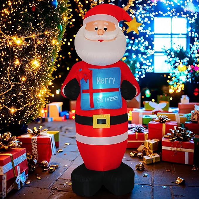 Christmas 8FT Inflatables Santa Claus with Gift Box and Build-in LED Lights, Xmas Blow up Gift for Indoor, Outdoor, Party, Yard, Garden, Lawn, Blow Up Holiday Decoration