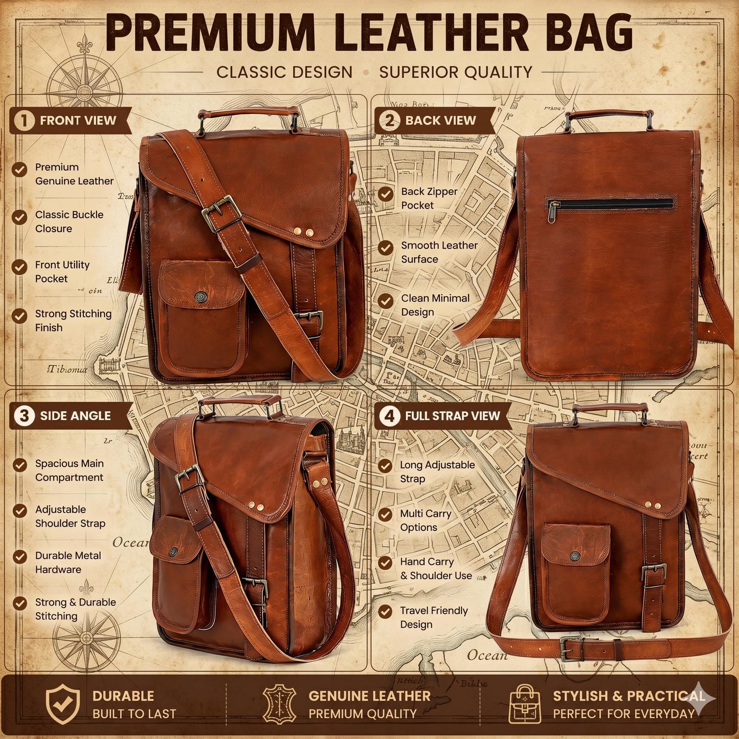 18" leather satchel tablet bag laptop case office briefcase messenger gift for men computer distressed shoulder bag