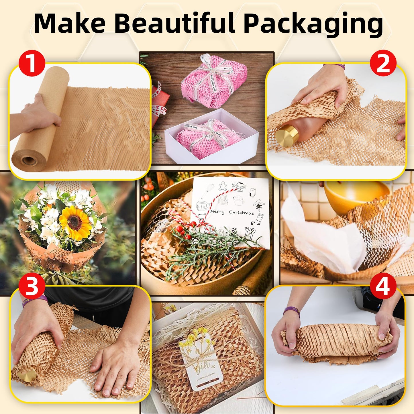BRIVADO Honeycomb Packing Paper 15"x400' Roll with Fragile & Labeling Stickers, Gloves - Bubble Wrap for Moving,Products & Gifts Wrapping Paper, Recyclable & Biodegradable Cushioning Packing Material