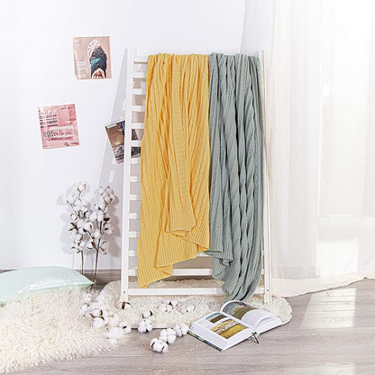 NTBAY 100% Pure Cotton Cable Knit Throw Blanket, Super Soft Warm 51x67 Knitted Throw Blanket for Couch, Sofa, Chair, Bed - Extra Cozy, Machine Washable, Comfortable Home Decor, Yellow