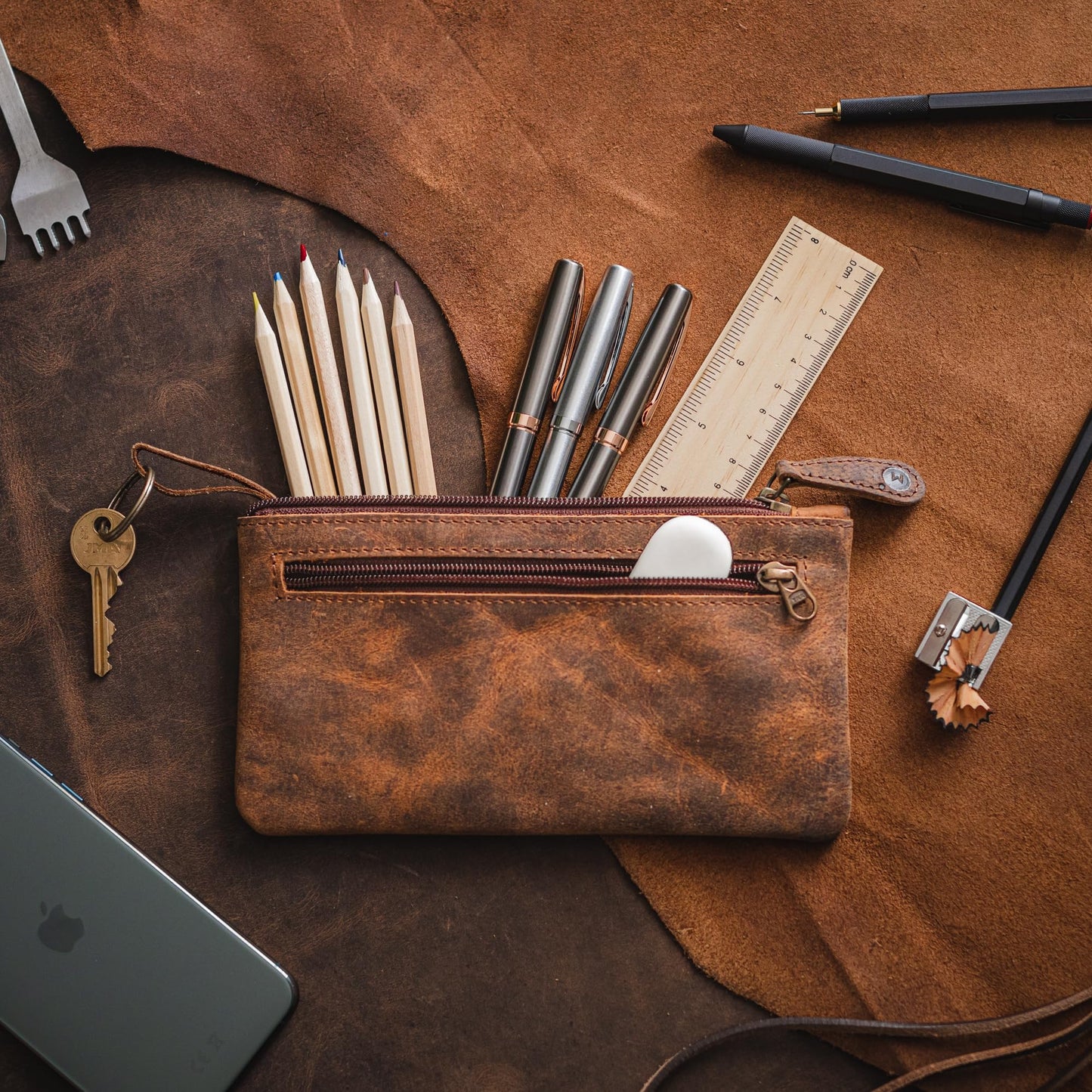 moonster Leather Pencil Case Pouch 8" x 4" - Leather Pen Case with Zipper